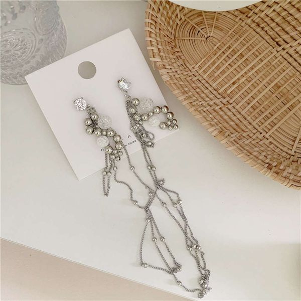 

hbp 2021 new fashion bead temperament ear line with diamond glass ball long tassel net red earrings for women, Silver