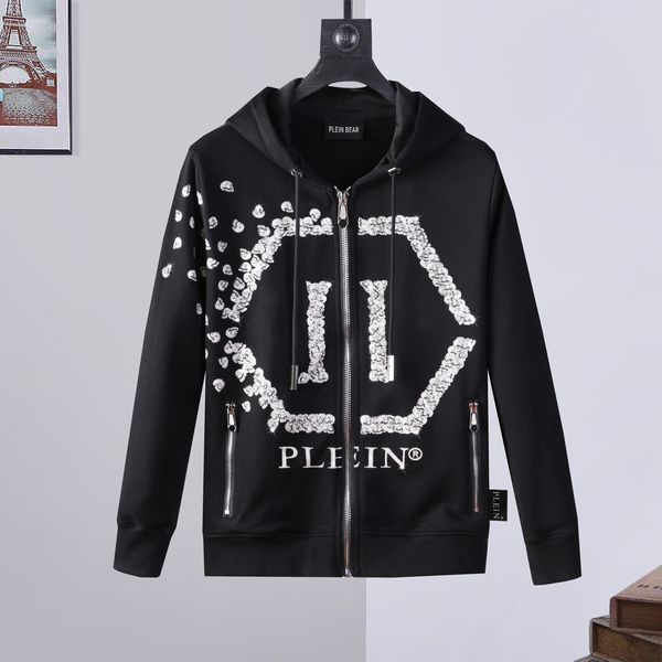 

plein bear brand warm thick sweatshirt hip-hop loose characteristic personality skull pullover rhinestone luxury men's hoodie 81425, Black