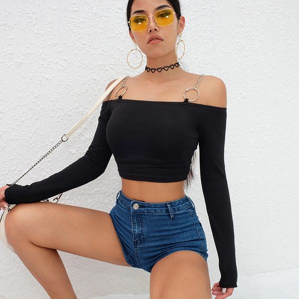 

off shoulder black t shirt womens patchwork chain long sleeve shirt women crop cotton streetwear tees, White