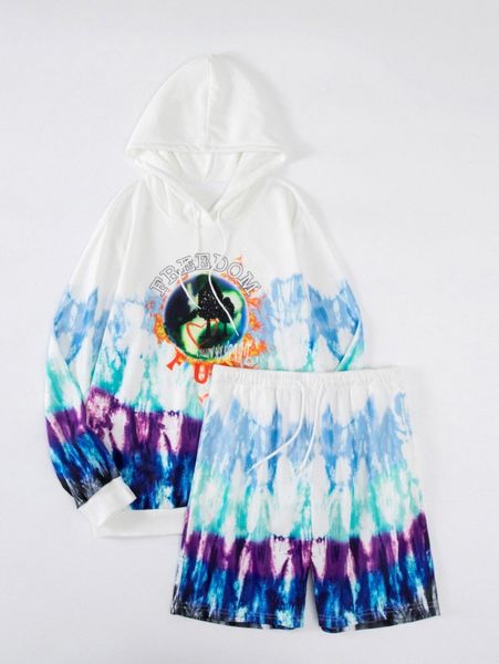 

men tie dye tree & letter graphic drawstring hoodie & shorts a3wl#, Gray