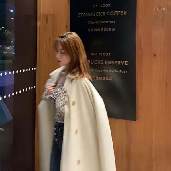 

korean style autumn winter fashion woolen coat women double breasted loose and thick warm elegant overcoat with belt women's wool & ble, Black