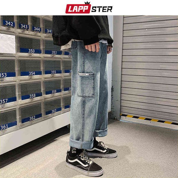

lappster men baggy korean blue jeans harem pants 2022 big pocket denim straight mens japanese streetwear hip hop trousers 0309