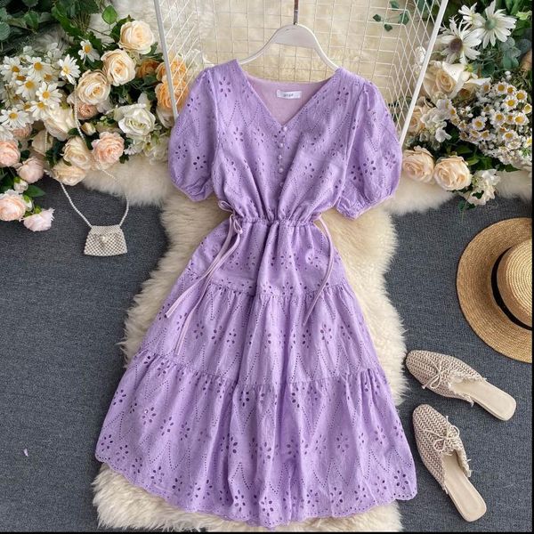 

2021 purple white hollow out a line women dress summer 2021 short sleeve korean chic vestidos vintage single breasted dress new, Black;gray