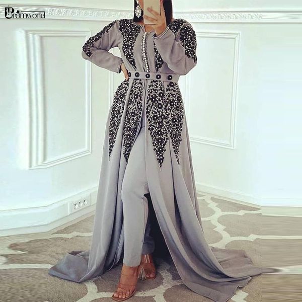 

party dresses moroccan caftan gray formal women elegant pantsuit beading flowers long sleeves muslim evening gowns robes de soirÃ©e, White;black