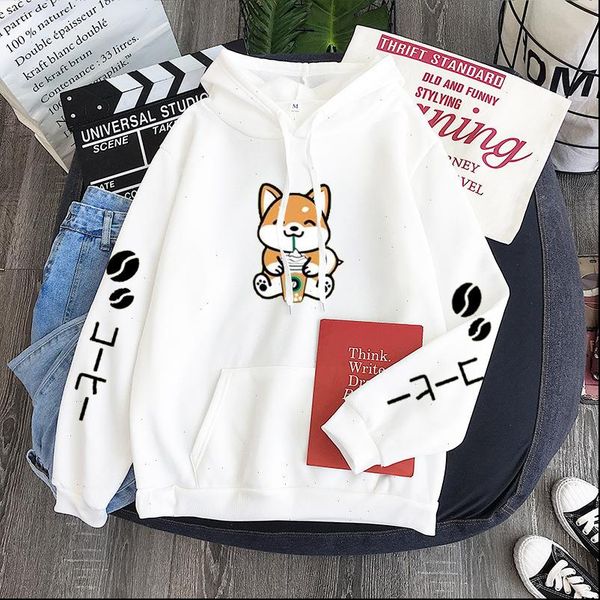 

cute drinking coffee dog print hoodies shiba inu fleece hooded pullover sweatshirts harajuku lady autumn winter 4xl, Black