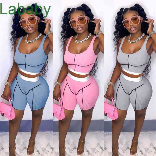 

women tracksuits two pieces set deisgner outfits slim sleeveless line stitching ladies leisure sports summer thread sportwear s-xl, Gray