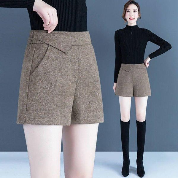 

women's shorts 2021 women woolen wide leg female autumn winter loose solid vintage ladies high elastic waist pocket pants q34, White;black