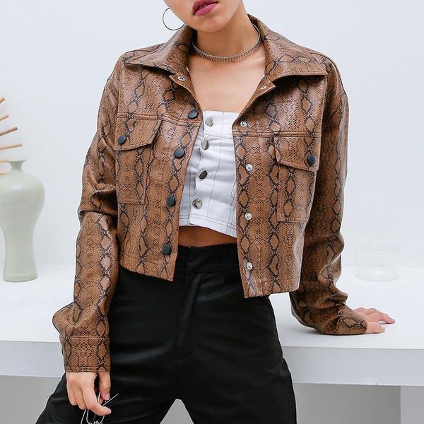 

women's jackets nora twips leather women jacket 2021 autumn winter fashion coat female short snake print hip hop clothing, Black;brown