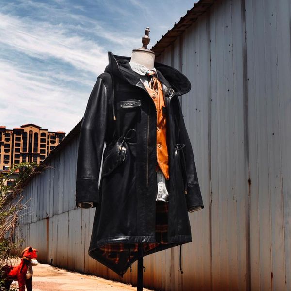 

men's leather & faux change of m51 fishtail trench coat, Black