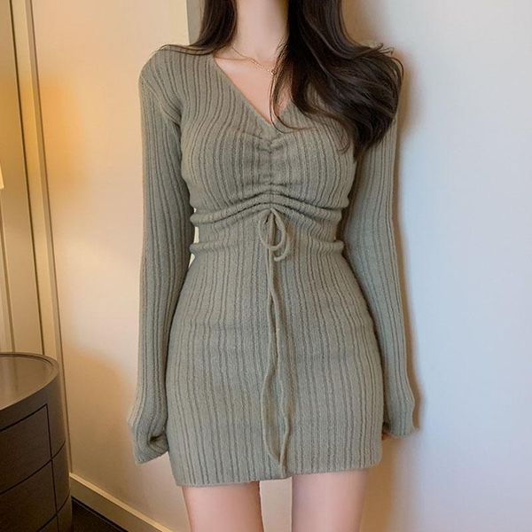 

casual dresses autumn knitted mini dress women v-neck long sleeve drawstring bodycon party korean chic robe femme, Black;gray