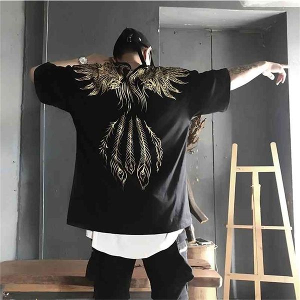 

gold phoenix print hip hop vintage &tees men's casual t-shirts streetwear couple wear pullover drop tshirts t shirt 210716, White;black
