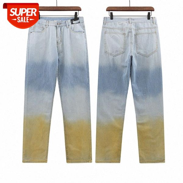 

contrast jeans vertical pattern straight leg pants gradually loose #ax26, Blue