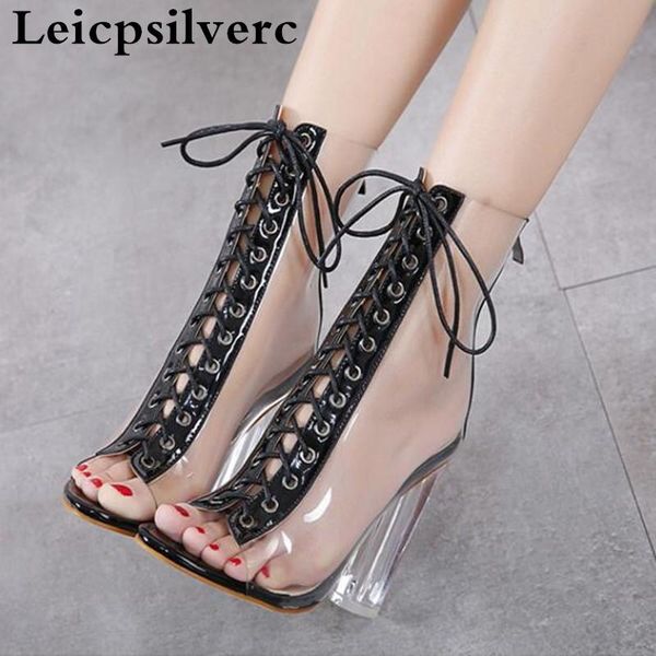 

european and american wind summer fish mouth high-heeled shoes high tube transparent crystal and night women sandals cool, Black