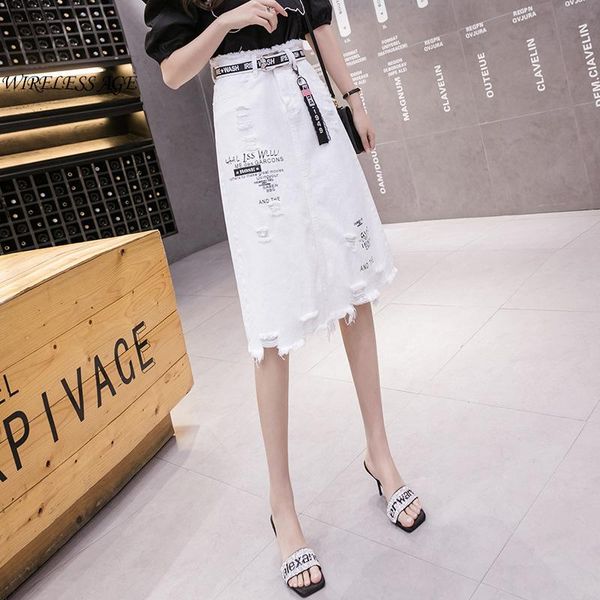 

skirts wireless age denim skirt women ripped midi sweet fashionable frayed hem waist letter a line harajuku fashion daily wild, Black