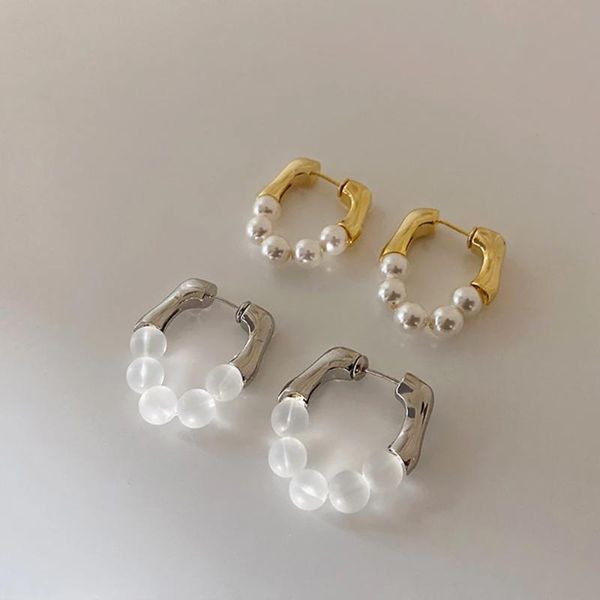

hoop & huggie ghidbk gold silver color splicing beaded earring for women minimalism simple imitation pearl balls geometric circle, Golden;silver
