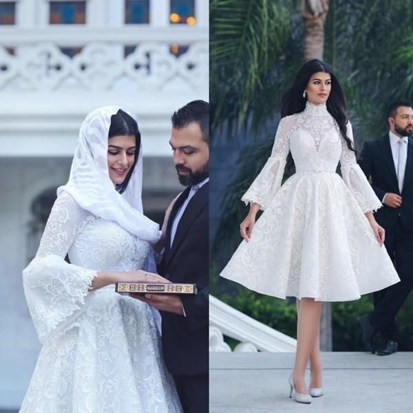 2021 kurze Kleider hoher Nackenkniebereich Langarm -Spitzenapplikation Eine Linie Arabisch Dubai Custom Made Hochzeitskleid Vestido de Novia 403 403