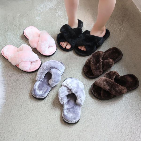 

maomao slippers autumn and winter 2021 new cross children' home slippers korean girls' indoor warm cotton, Black;grey