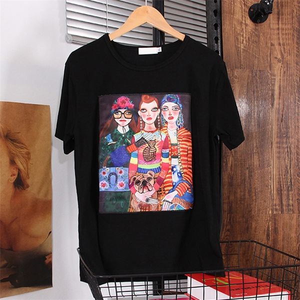 

summer new harajuku style printed applique soft cotton t-shirt women's short sleeve loose plus size lady 210315, White