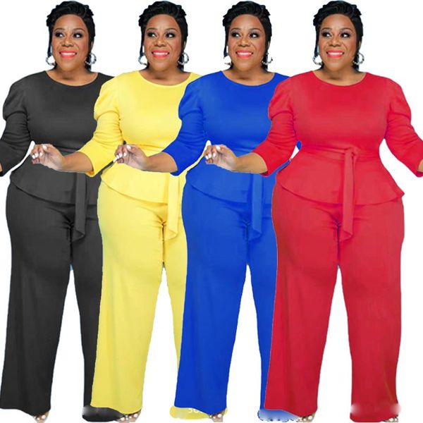 

plus size tracksuits elegant 4xl women's clothing belt long sleeve pure color casual fashion loose 2 piece sets wholesale drop, Black