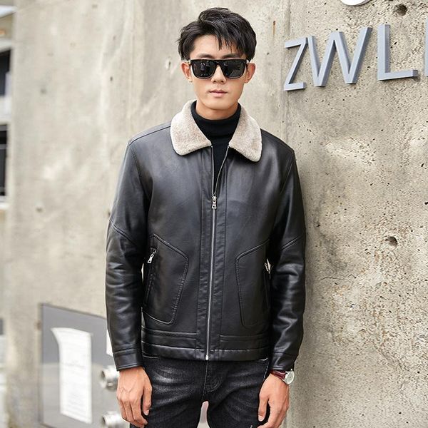 

men's jackets fur collar leather coat fashion thickened plush lapel jacket winter slim fitting motorcycle suit, Black;brown