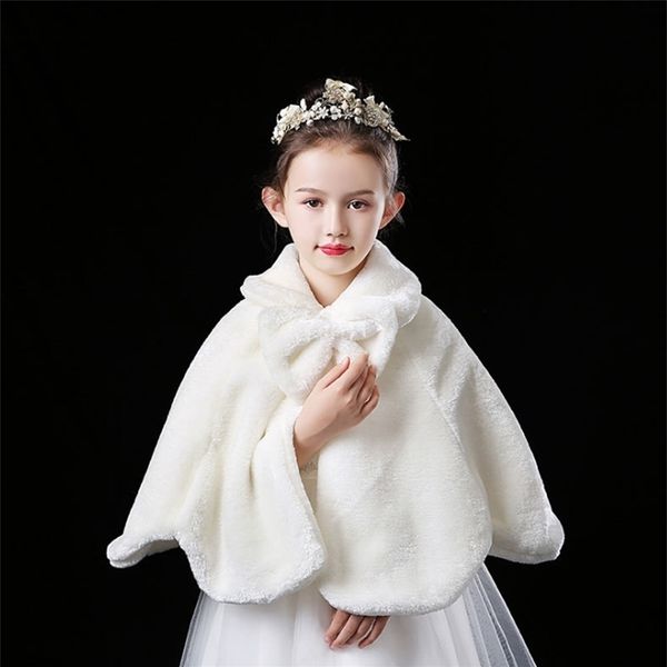 Ragazze di fiore Addensare Peluche Bolero Coprispalle Principessa Bianco Cappotto di pelliccia sintetica Spalla Mantella Abito da sposa Scialle Avvolge Stola Bowknot 211204