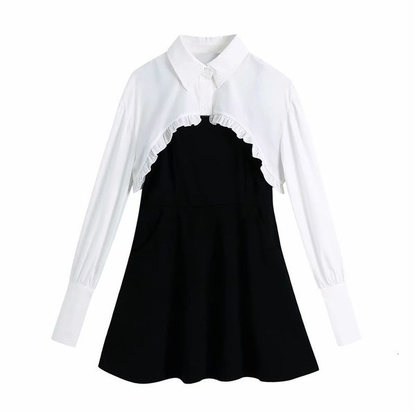 

Patchwork 2021 New Black Mini Knitted Women Long Sleeve Chic Woman Dress Fashion Streetwear Crop White Shirt 2 Piece Set Eosr OVVM, Black;gray