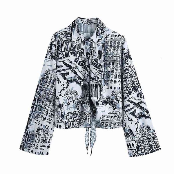

women's blouses & shirts women spring black painting print za white short chic lady fashion knotted bow long sleeve loose blouse t