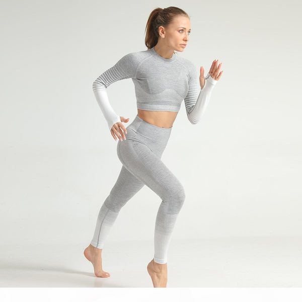 

seamless yoga sports outfits women two piece set 2 long sleeve gym leggings workout runner suit fitness sets sportwear tracksuits outdoor, Gray