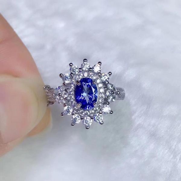 

cluster rings for anniversary 100% real and natural tanzanite 925 sterling silver fine jewelry, Golden;silver