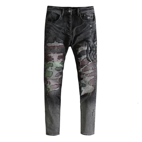 

new style high street am heavy industry embroidery slim fit men's jeans washed and pasted leather english perforated leggings, Blue