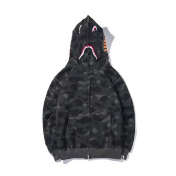

men's casual camouflage paneled hoodies sweatshirt bathing ape cardigan hip hop letters long sleeve shark print women men couples hoode, Black