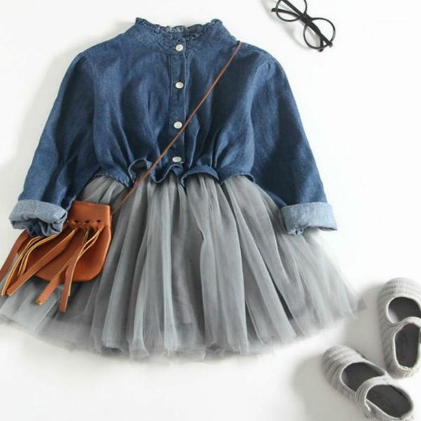 

girl's dresses spring and autumn baby dress girls denim splicing mesh princess party long sleeve1, Red;yellow