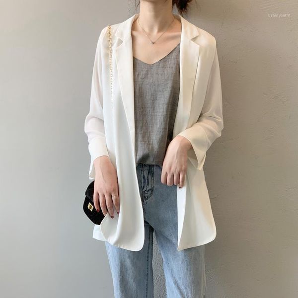 

summer korean women thin chiffon notched three quarter sleeve sunscreen outerwear blazer coat fashion streetwear 2021 women's suits &, White;black