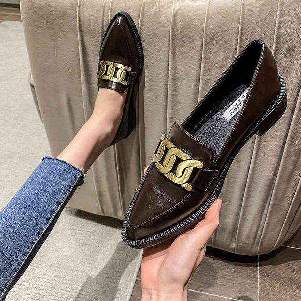 

dress shoes small leather shoes, british style, with metal chain, for women, thick, low pointers, 4xca, Black