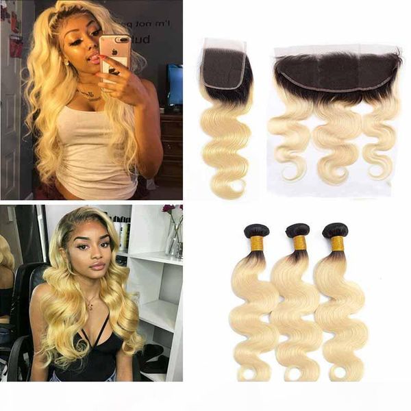 

ombre 1b 613 blonde brazilian malaysian indian virgin hair weave straight 3 bundles with lace closure virgin hair bundles with 13x4 frontal, Black;brown