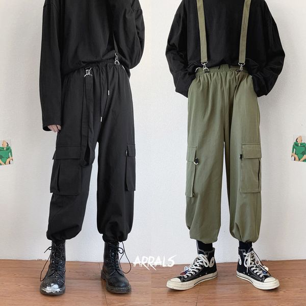 

2021 new men's fashion overalls youth removable salopettes romper jumpsuit cargo casual pants loose streetwear trousers m-2xl n540, Black