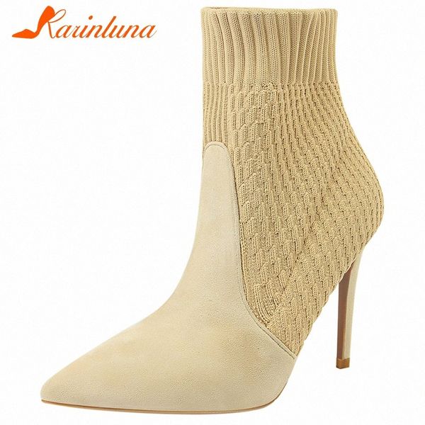 

karin office lady high thin heel boots women party fashion patchwork boots elegant pointed toe ankle stretch shoes woman t3vh#, Black