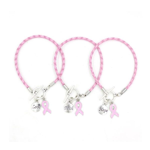 

beaded, strands arrival awareness jewelry pu pink leather rope with ribbon bead hope breast cancer bracelets bangles for women pulsera, Black