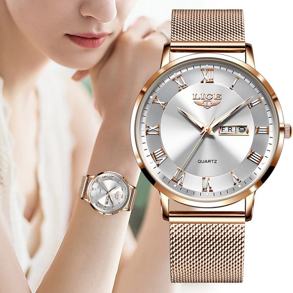 

LIGE Women Watches Luxury Brand Ultra-thin Calendar Week Quartz Watch Ladies Clocks Mesh Stainless Steel Waterproof Reloj Mujer, Gold black