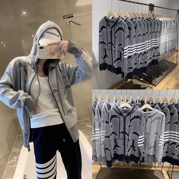 

2021tb autumn new dolphin loose casual wool hooded cardigan jacket sweater four stripe bar women, White