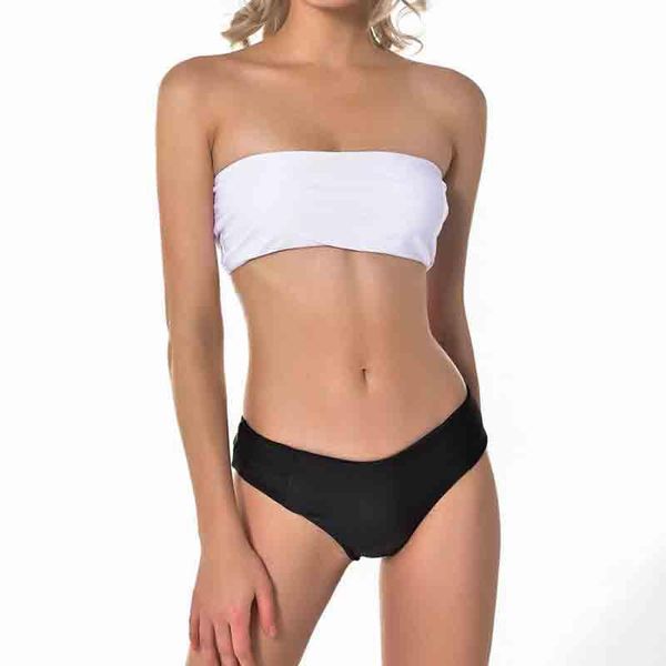 

one-piece suits women's solid two pieces swimsuit white bandeau strapless with black/green low waist bottom padded wireless bathing sui