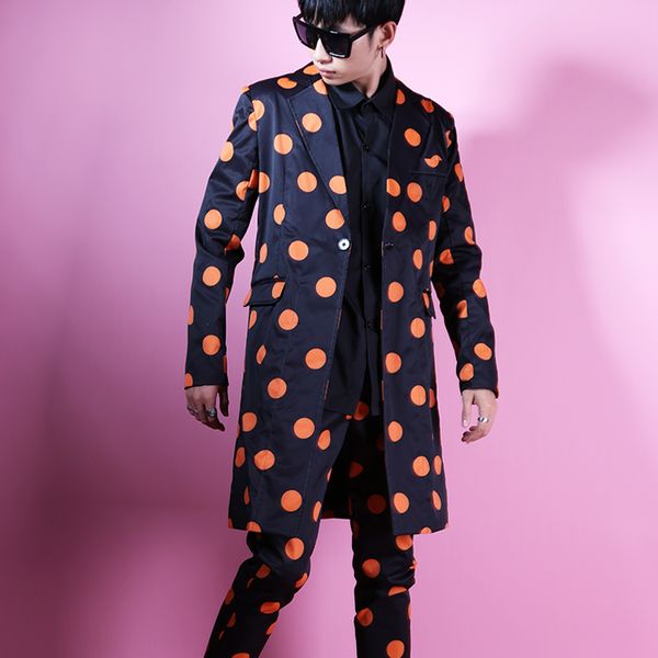 

punk style dj hip-hop stage costume black dots blazers slim long coat men singer dancer concert performance nightclub blazers, Black;red