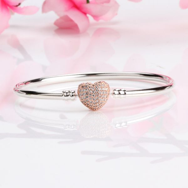 

women luxury 18k rose gold heart shaped clasp bangle bracelet sets original box for pandora 925 sterling silver charm bracelets party gift, Black