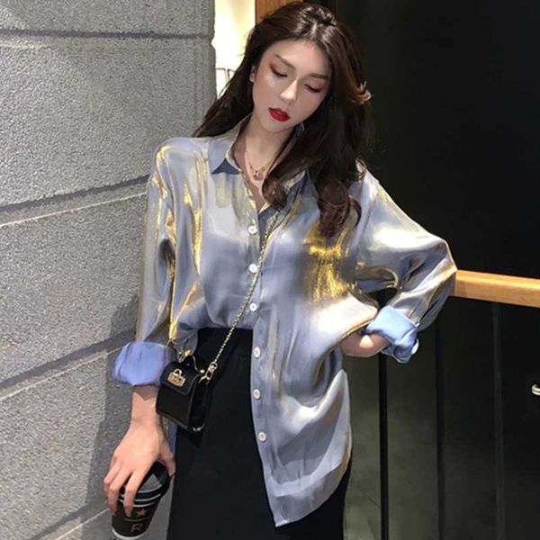 

women silver shirt short sleeve lapel regular fit shirts ladies shiny party spring loose for woman 210601, White