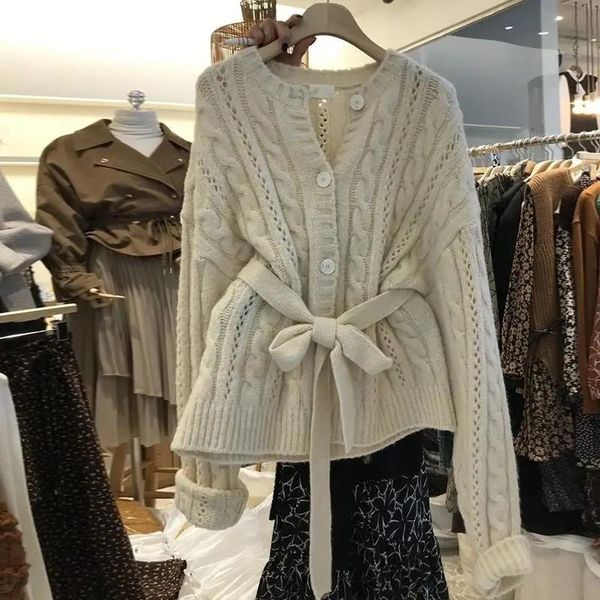 

autumn new female twist buckle buttoned waist outerwear lazy cardigan knitted sweater women plus size s-4xl, White