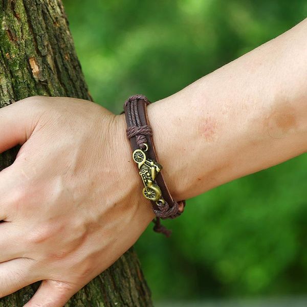 

link, chain punk hand-woven rope small jewelry motorcycle bracelet men's real cowhide man woman accessories bangle wristband, Black