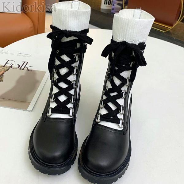 

boots autumn ankle black white patchwork women cross-tie lace-up lady genuine leather short boot for woman customized shoe