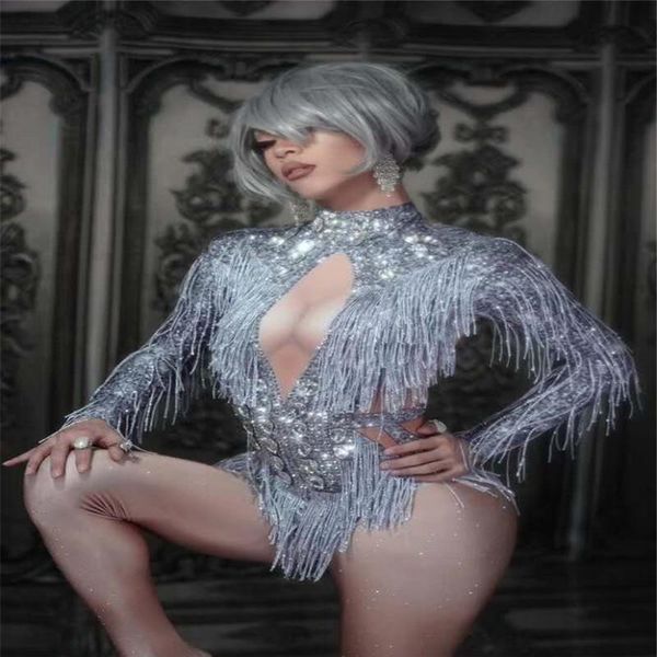 

party decoration x29 ballroom dance costumes sparkly rhinestones silver fringed skinny jumpsuit crystals tassels bodysuit elastic leotard dr