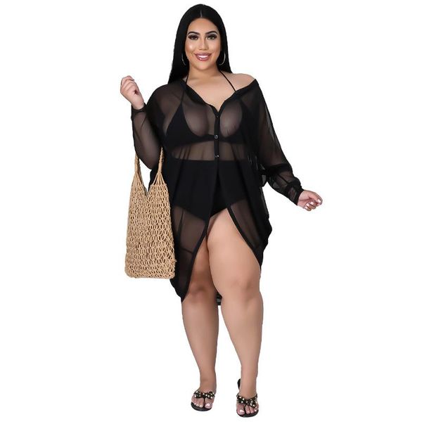 Damen Bademode L-4XL Plus Size Sexy Frauen Sheer Mesh Bikini Cover Up Badeanzug Badeanzug Durchsichtige Bluse Tops Sommer Strandkleid