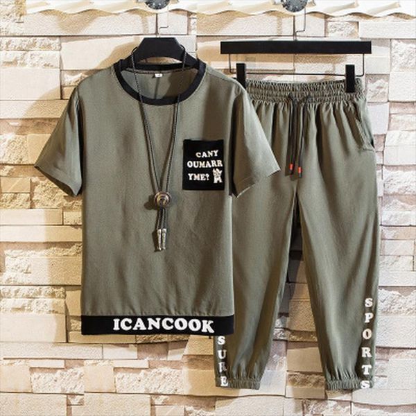 

summer fashion leisure brand men tracksuit set sportswear track suits male sweatsuit sleeves t shirt 2 piece, Gray